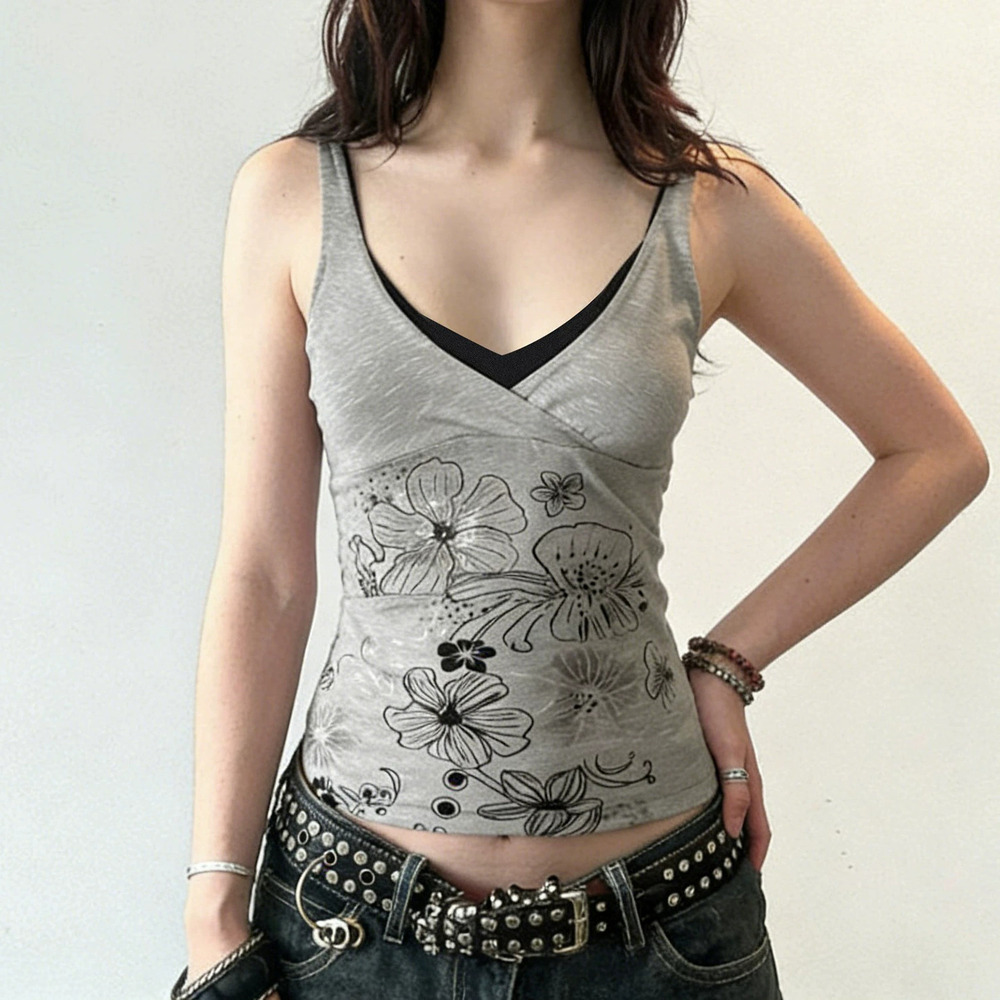 Zara Retro Street Style Floral Print Camisole Faux 2-Piece Color Block Top